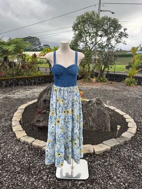Band of the Free Denim Bustier Floral Midi Dress Blue Yellow Boho S